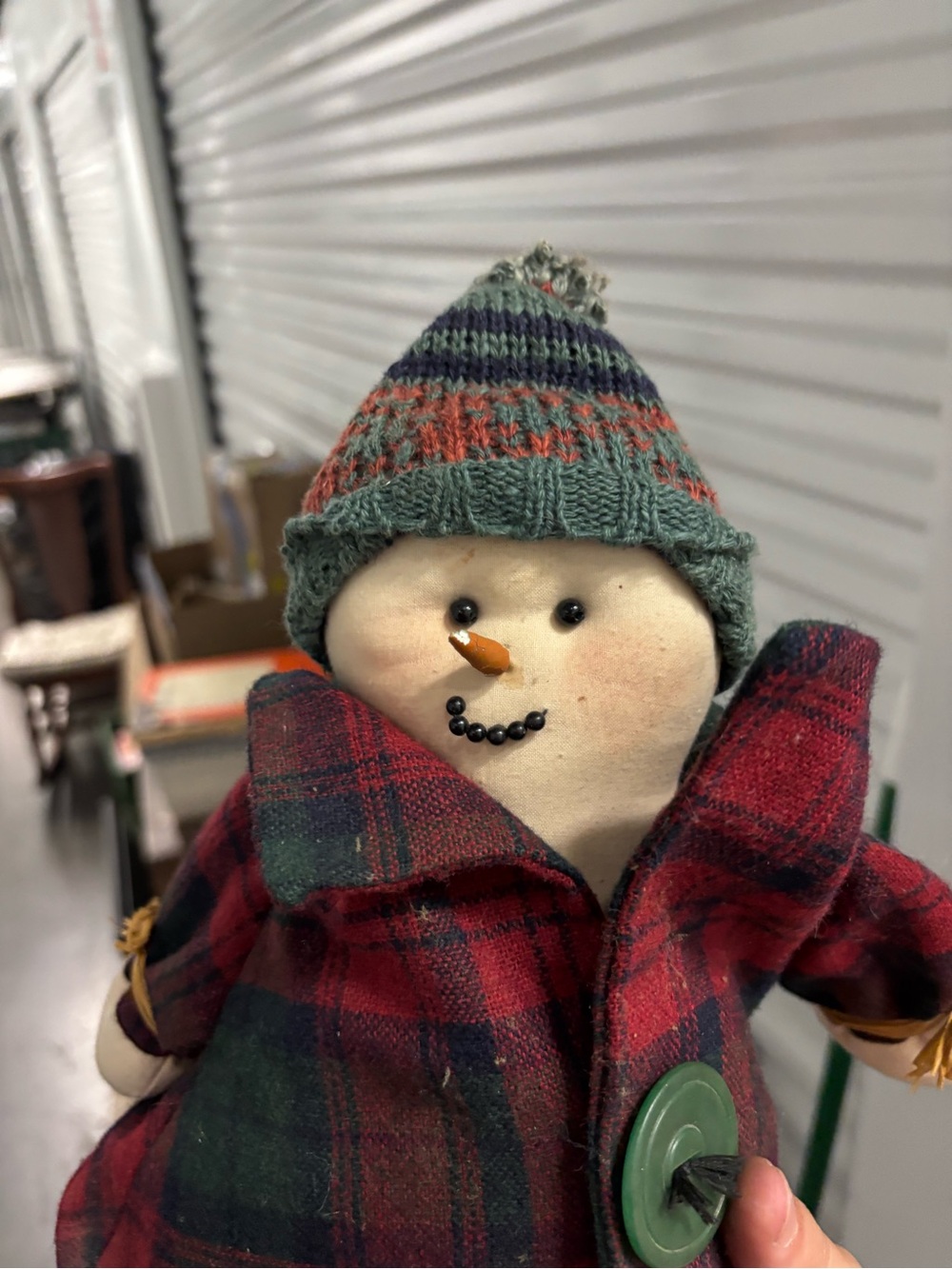 Plush Snowman Toy in Red Plaid Coat with Green Knit Hat